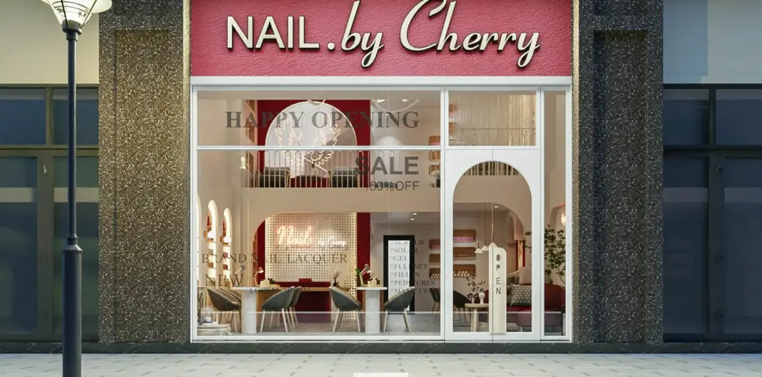 Thiết Kế Tiệm Nails 80m² – Không Gian Làm Đẹp Nổi Bật Với Tông Đỏ – Trắng – Be Tại The Terra An Hưng, Hà Nội
